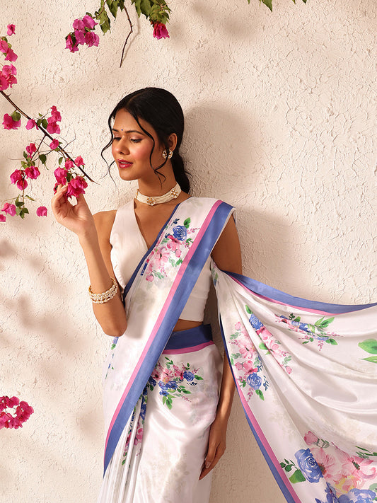 Bollywood Inspired Floral Digital Print Satin Ready to Wear Saree
