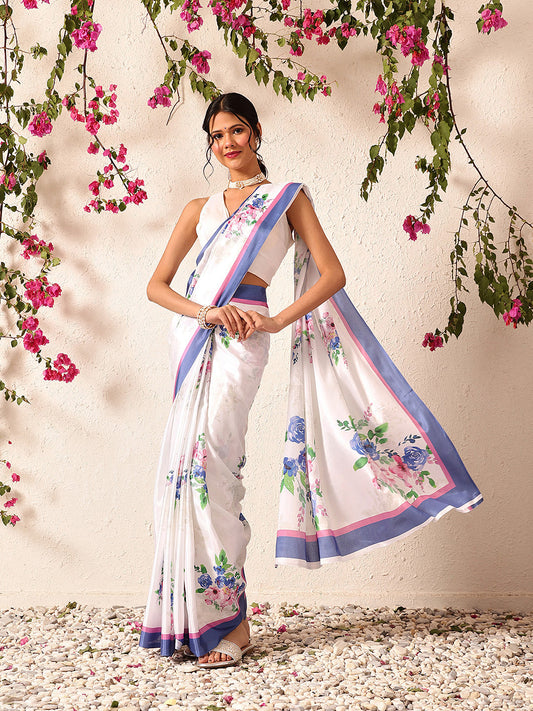 Bollywood Inspired Floral Digital Print Satin Ready to Wear Saree
