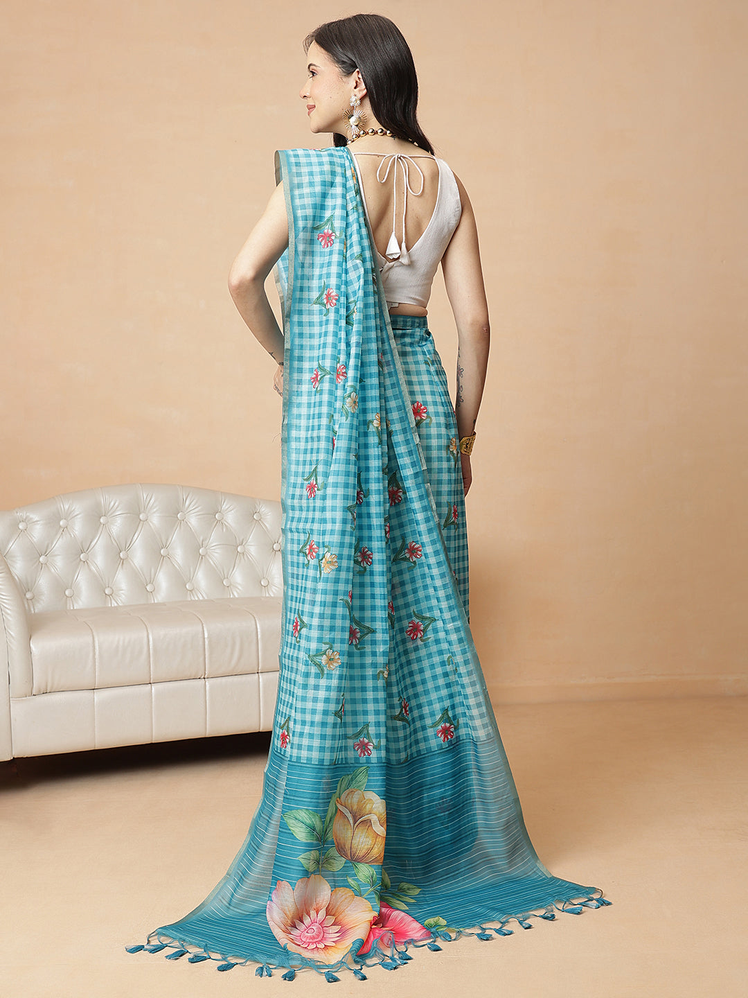 Digital Printed Work Wear Sky Blue Floral Checks Chanderi Ready to Wear Saree
