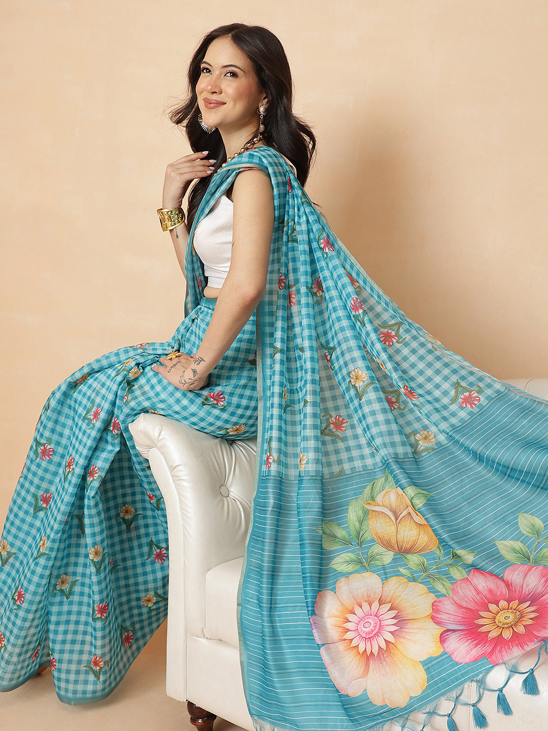 Digital Printed Work Wear Sky Blue Floral Checks Chanderi Ready to Wear Saree