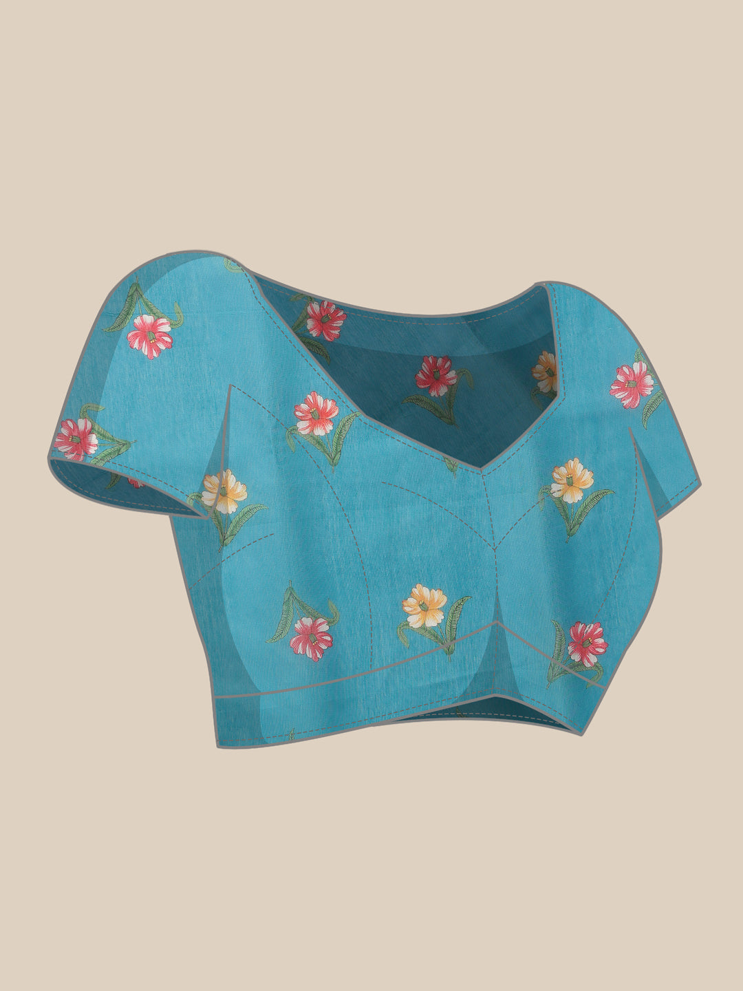 Digital Printed Work Wear Sky Blue Floral Checks Chanderi Ready to Wear Saree