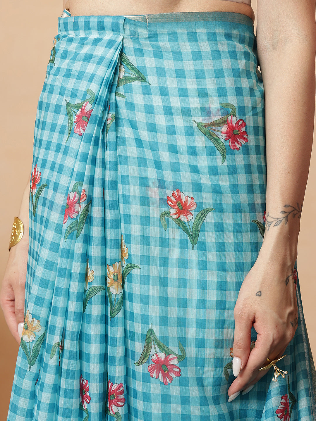 Digital Printed Work Wear Sky Blue Floral Checks Chanderi Ready to Wear Saree