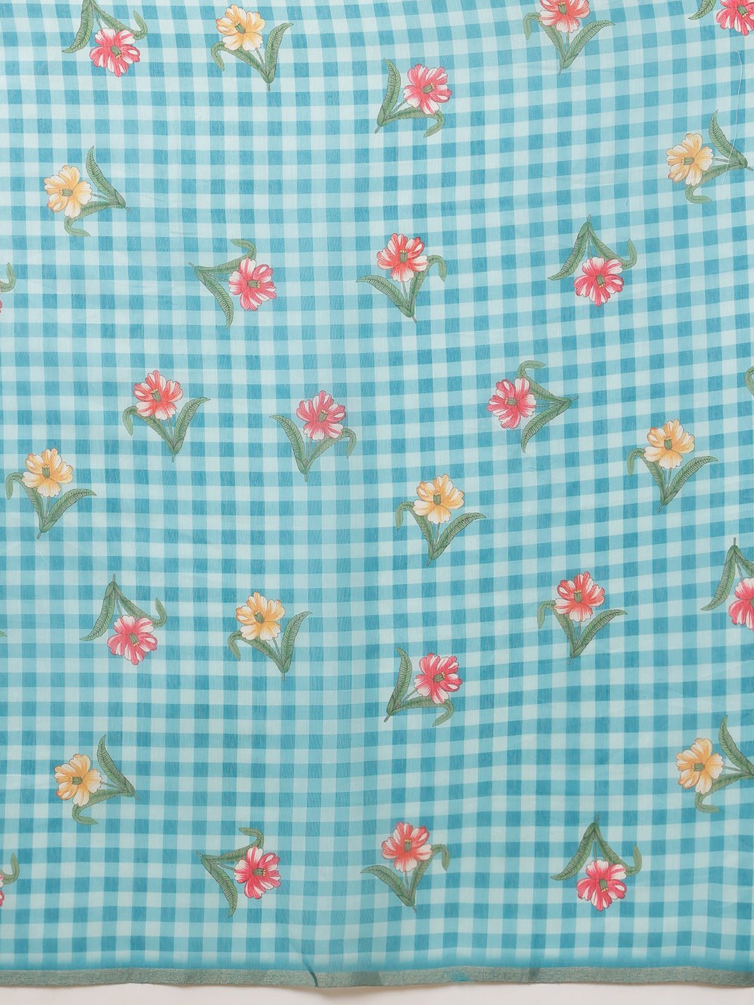 Digital Printed Work Wear Sky Blue Floral Checks Chanderi Ready to Wear Saree
