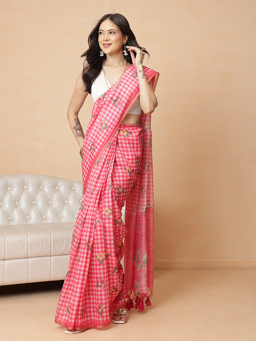 Digital Printed Work Wear Pink Floral Checks Chanderi Ready to Wear Saree