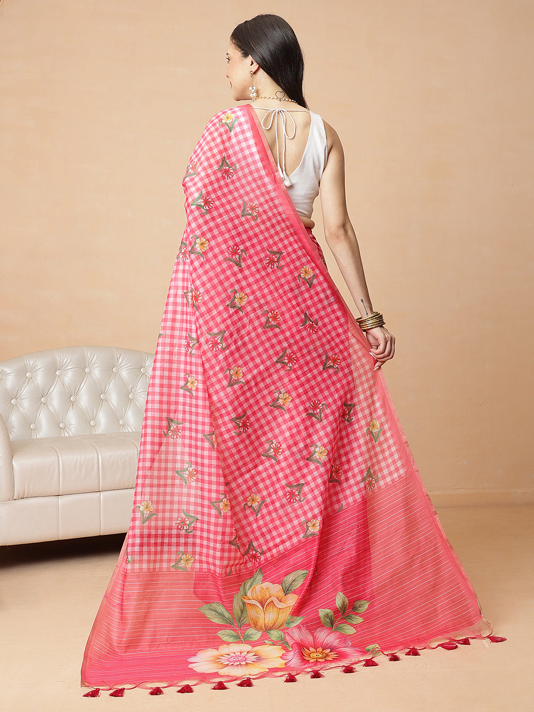 Digital Printed Work Wear Pink Floral Checks Chanderi Ready to Wear Saree