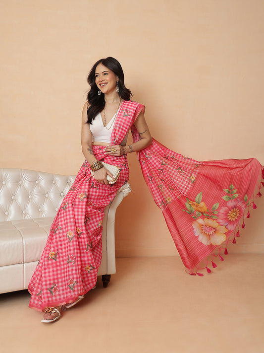 Digital Printed Work Wear Pink Floral Checks Chanderi Ready to Wear Saree