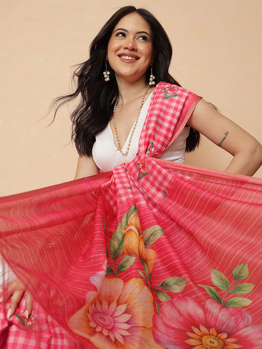 Digital Printed Work Wear Pink Floral Checks Chanderi Ready to Wear Saree