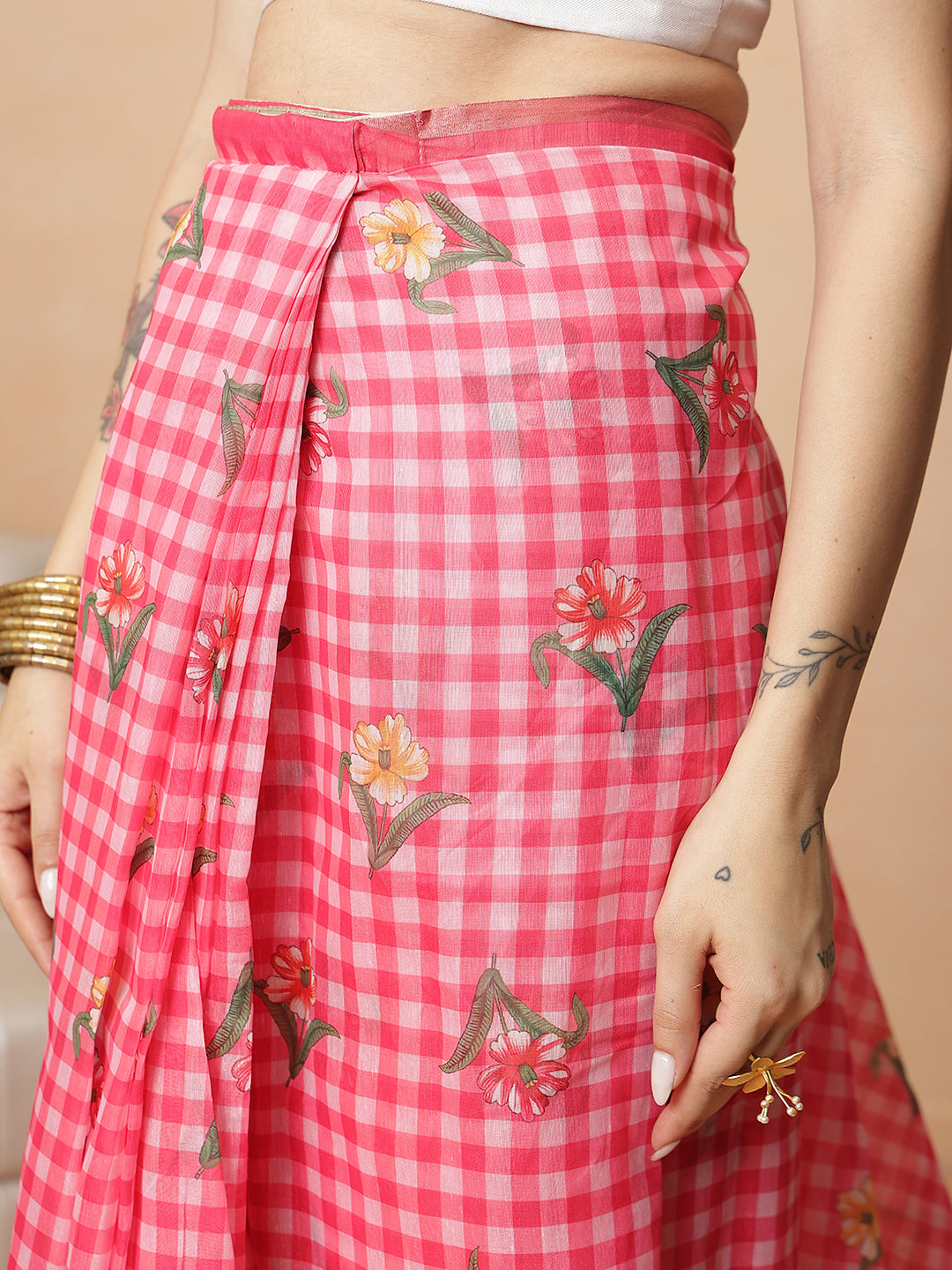Digital Printed Work Wear Pink Floral Checks Chanderi Ready to Wear Saree