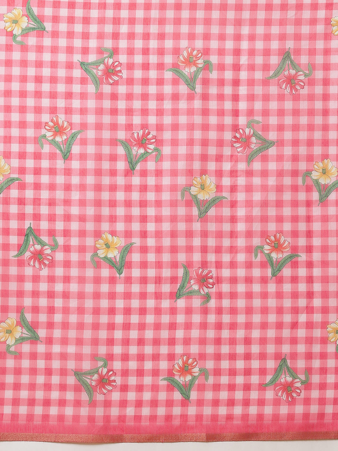 Digital Printed Work Wear Pink Floral Checks Chanderi Ready to Wear Saree