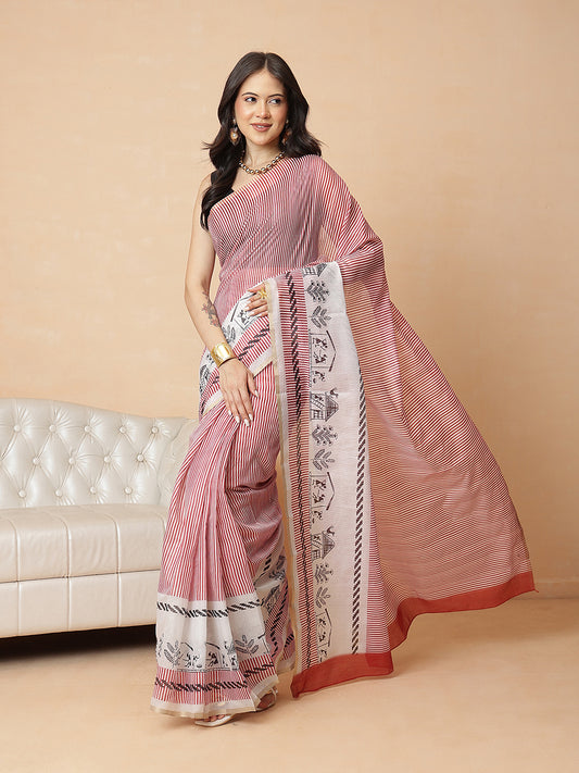 Maroon Color Striped Chanderi Cotton Digital Printed Ready to Wear Saree