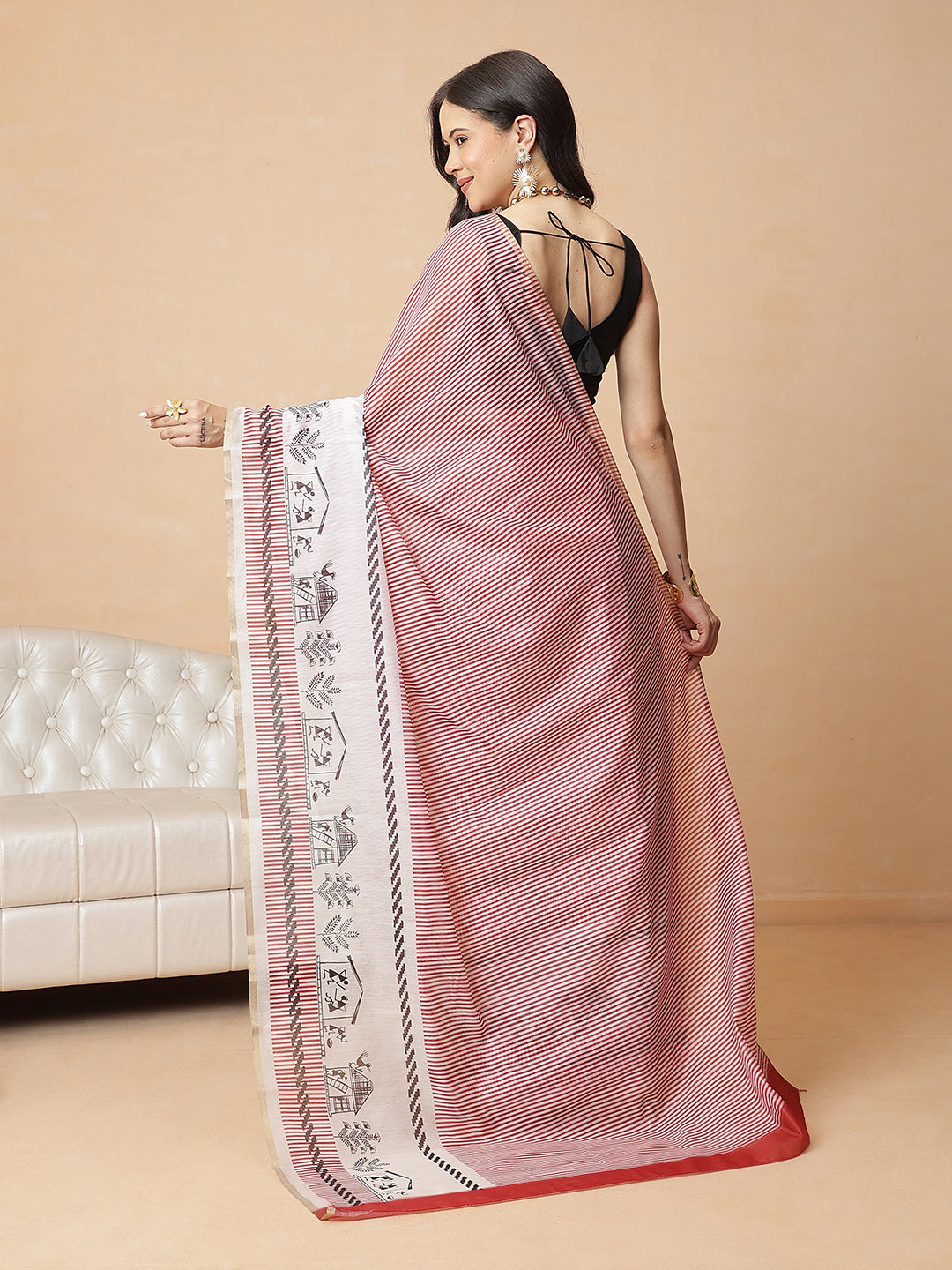 Maroon Color Striped Chanderi Cotton Digital Printed Ready to Wear Saree