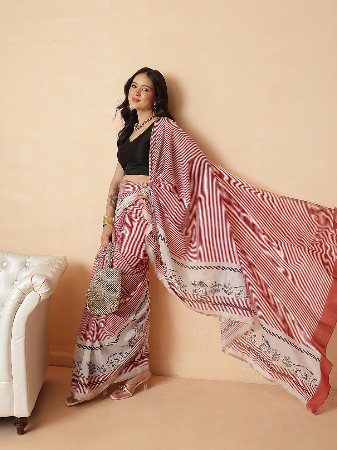 Maroon Color Striped Chanderi Cotton Digital Printed Ready to Wear Saree