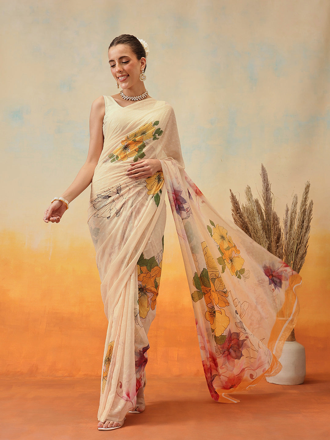 Pure Chiffon Floral Printed Ready to Wear Saree