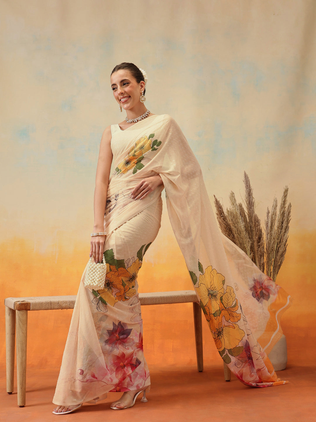 Pure Chiffon Floral Printed Ready to Wear Saree