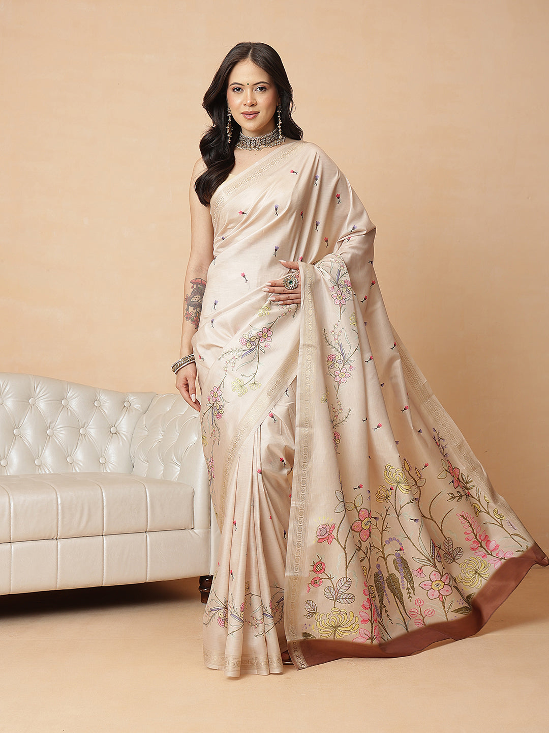 Beige Color Art Silk Floral Digital Printed Ready to Wear Saree