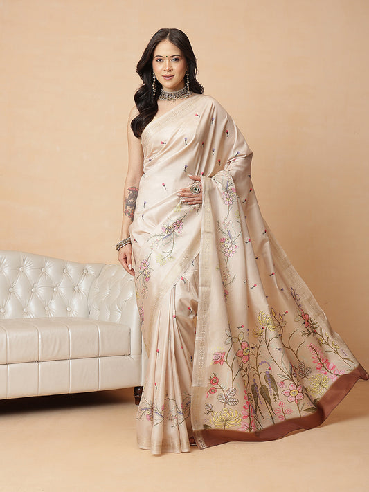 Beige Color Art Silk Floral Digital Printed Ready to Wear Saree