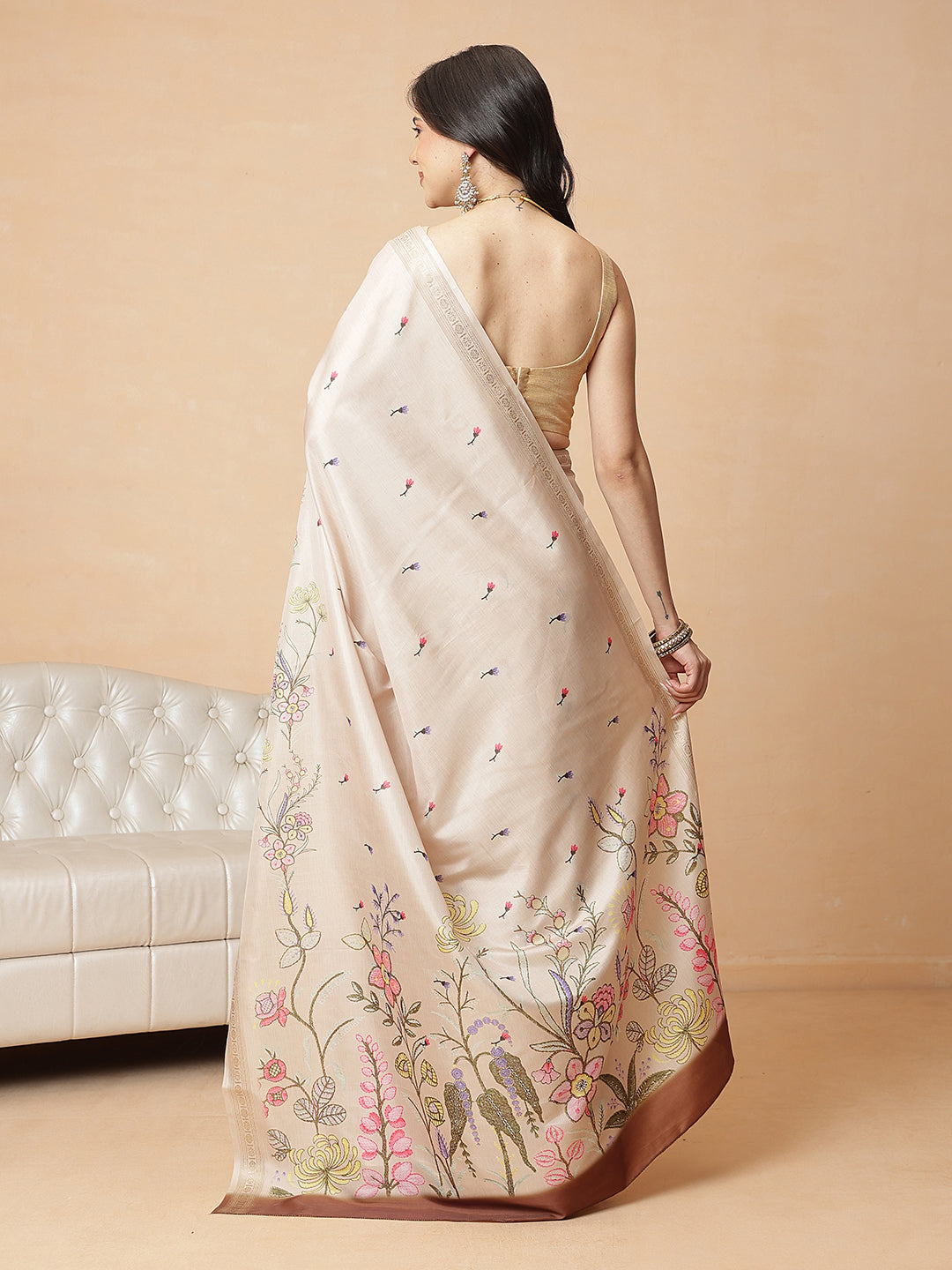 Beige Color Art Silk Floral Digital Printed Ready to Wear Saree