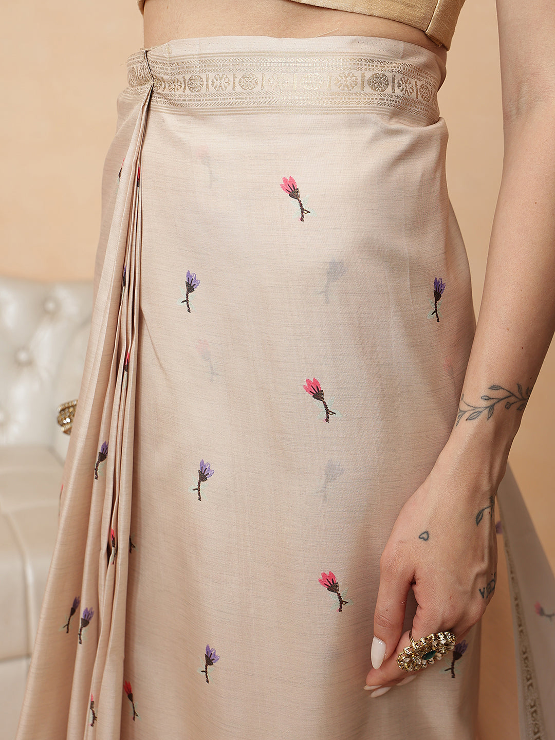 Beige Color Art Silk Floral Digital Printed Ready to Wear Saree
