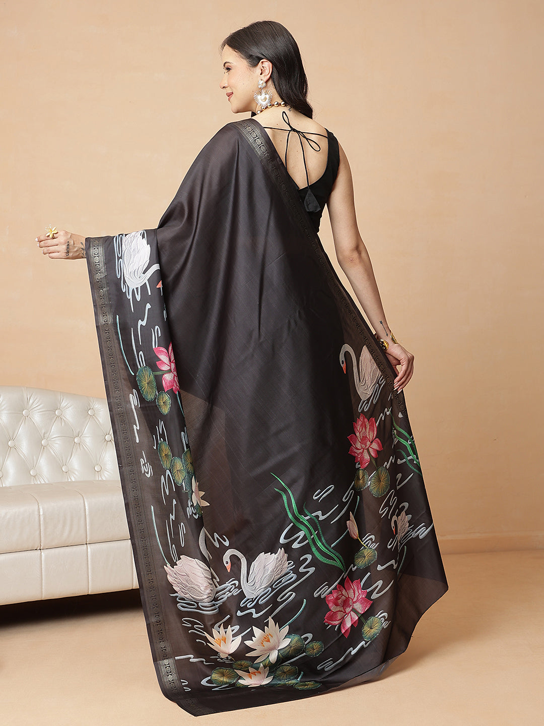 Black Color Art Silk Floral Digital Printed Ready to Wear Saree