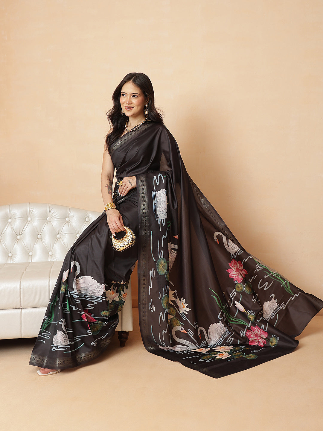 Black Color Art Silk Floral Digital Printed Ready to Wear Saree