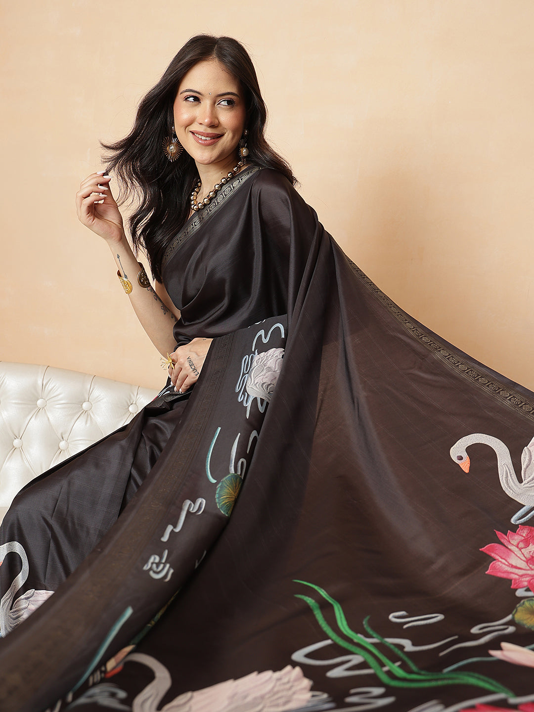 Black Color Art Silk Floral Digital Printed Ready to Wear Saree