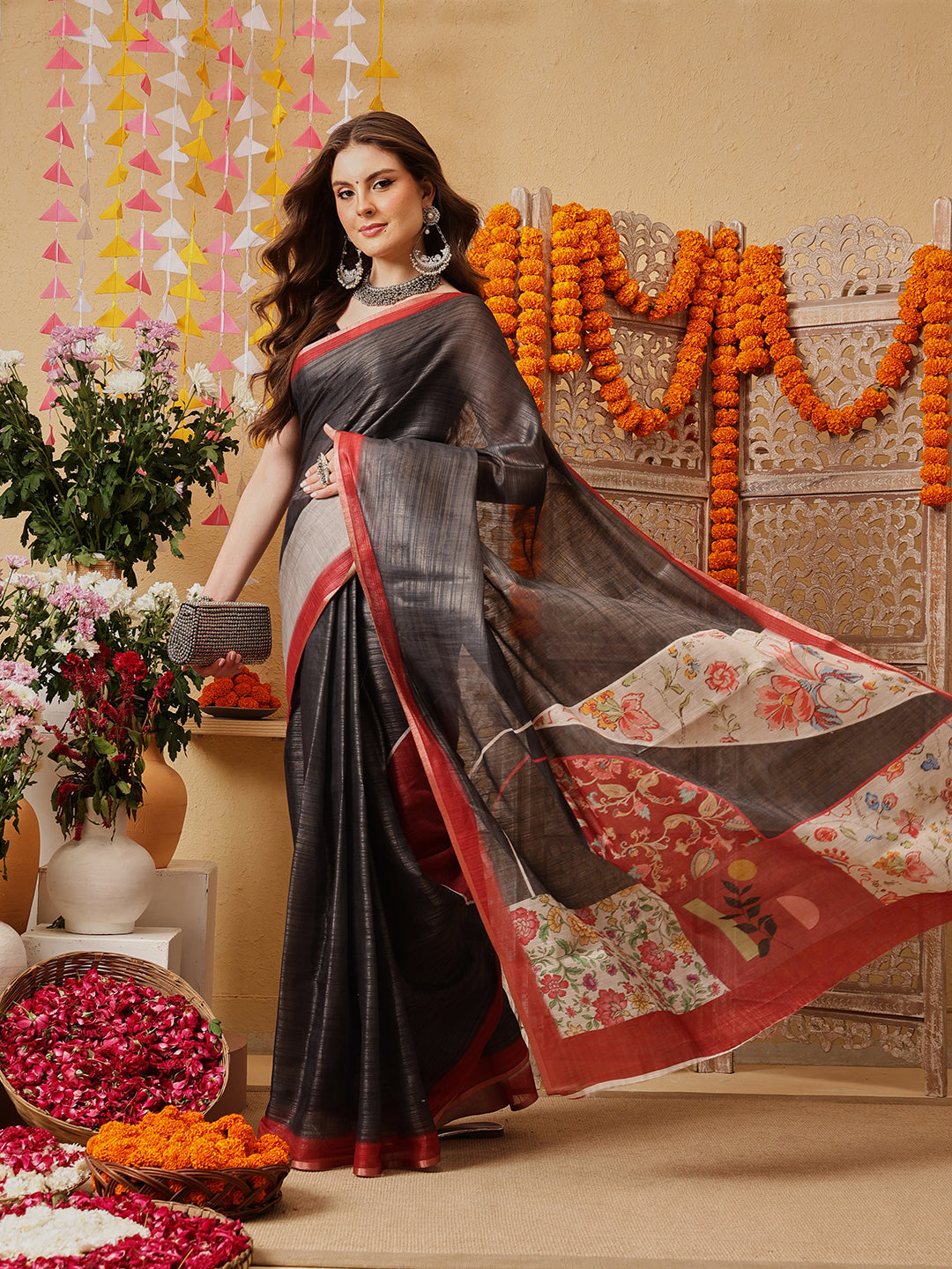 Women's Cotton Silk Floral Printed Ready to Wear Saree