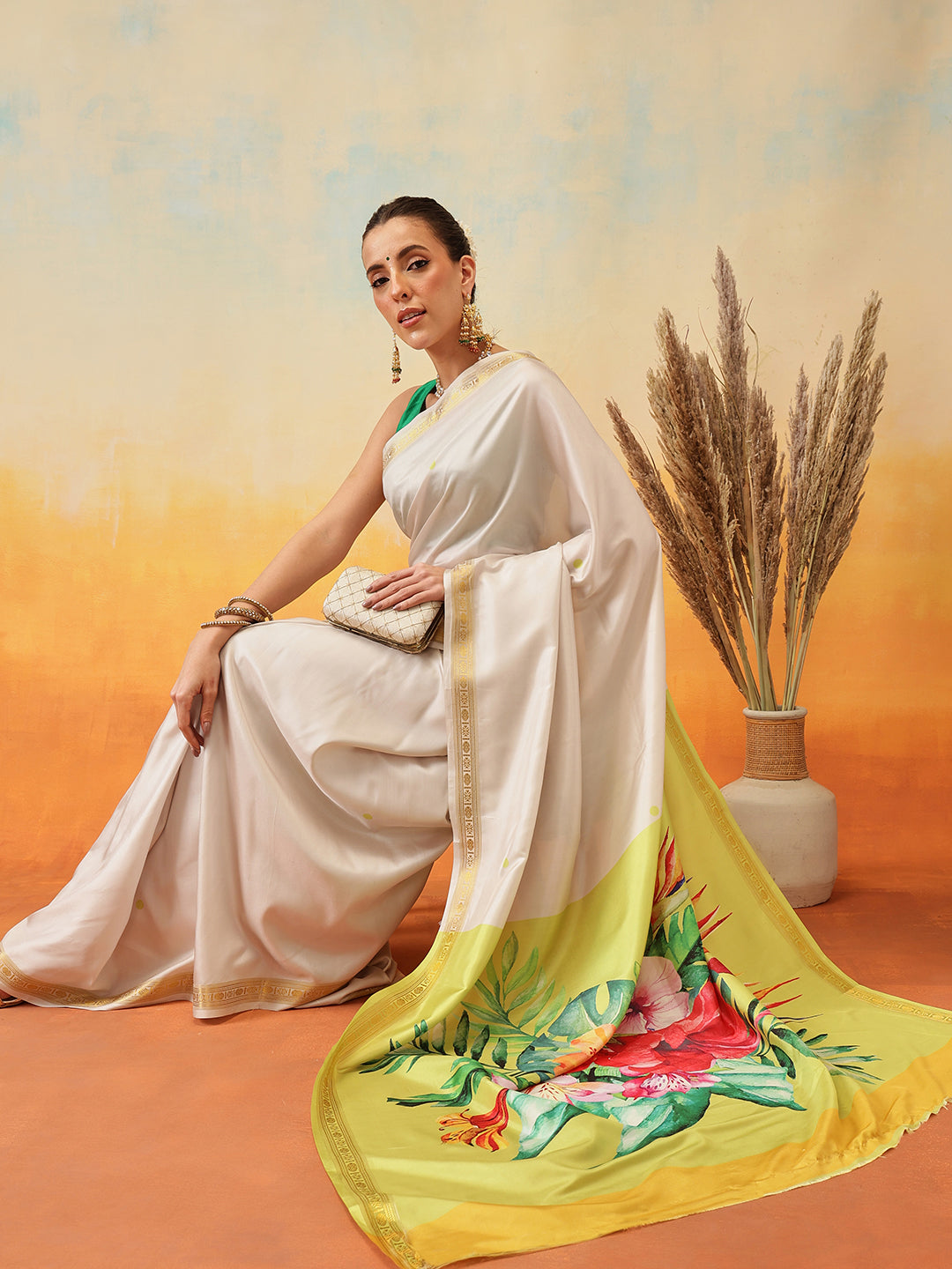 Onam Special Printed Silk Ready To Wear Kasavu White Saree