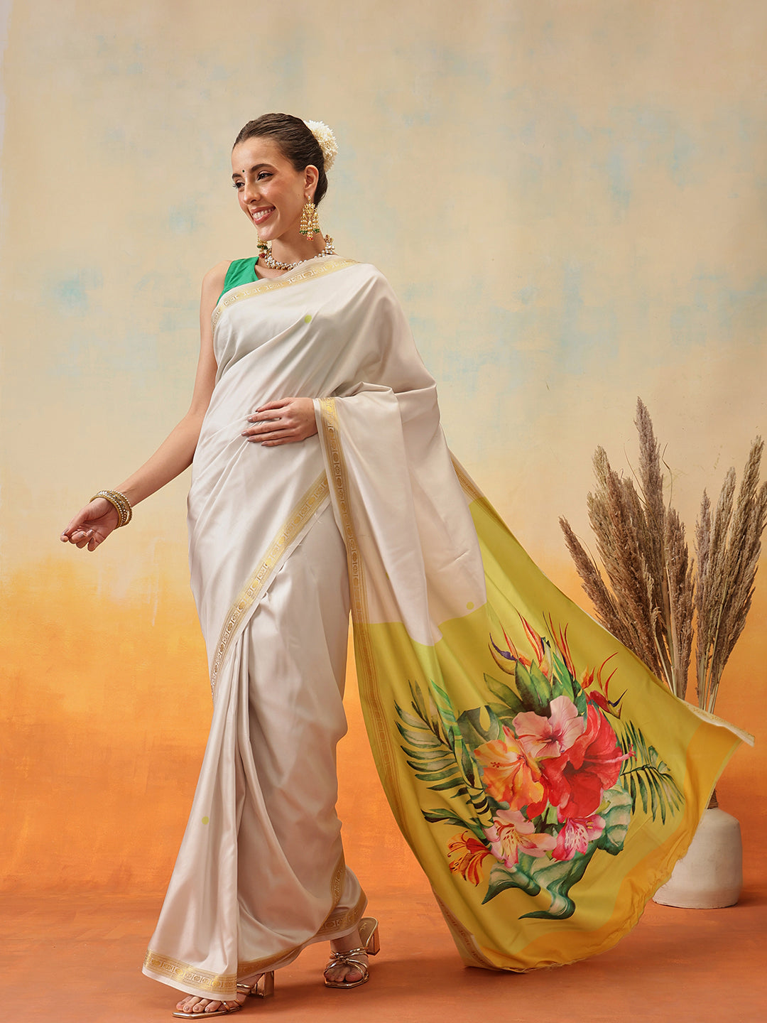 Onam Special Printed Silk Ready To Wear Kasavu White Saree