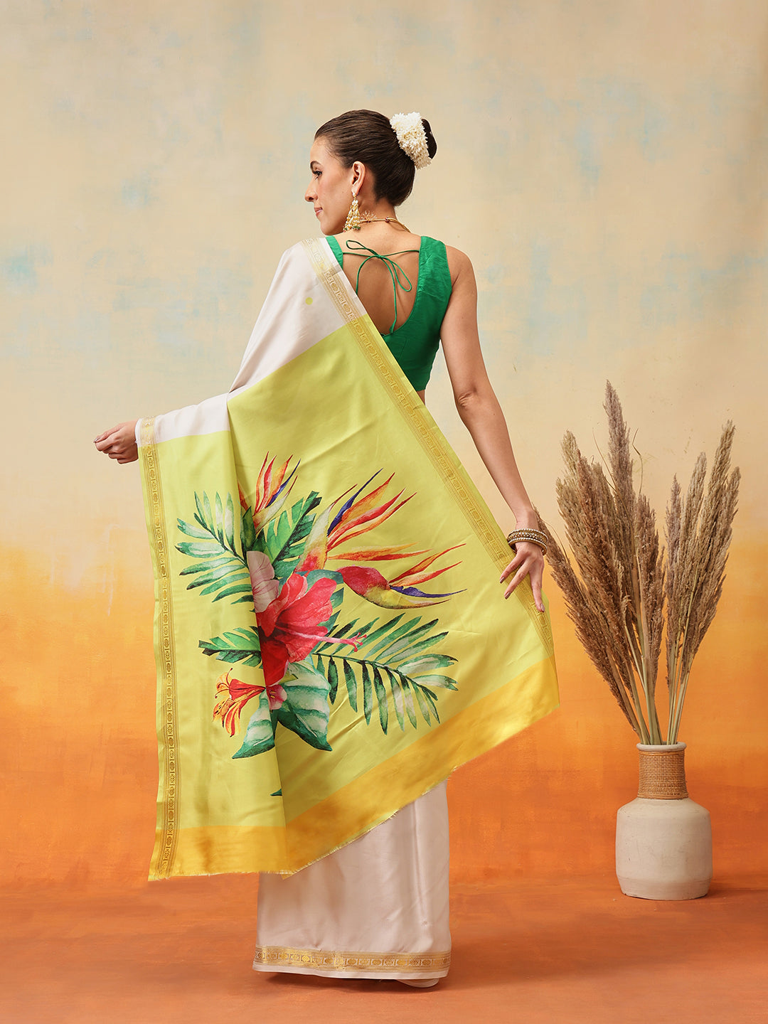 Onam Special Printed Silk Ready To Wear Kasavu White Saree