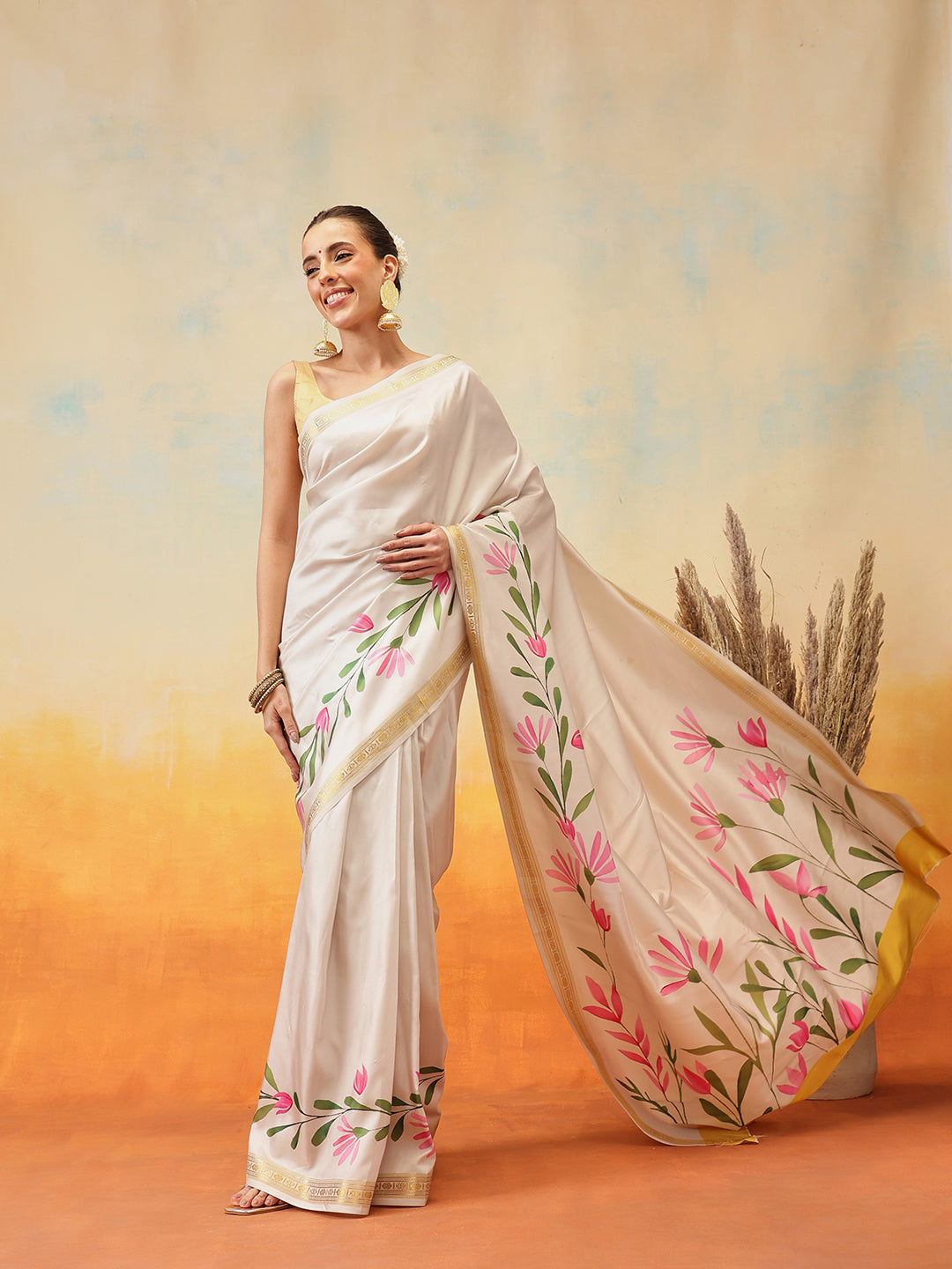 Onam Special Printed Silk Ready To Wear Kasavu White Saree