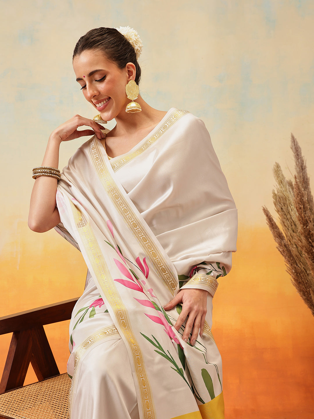 Onam Special Printed Silk Ready To Wear Kasavu White Saree