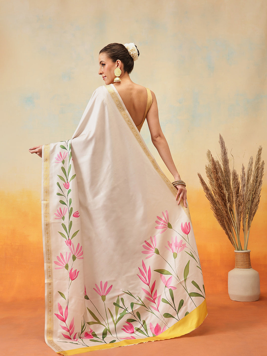 Onam Special Printed Silk Ready To Wear Kasavu White Saree