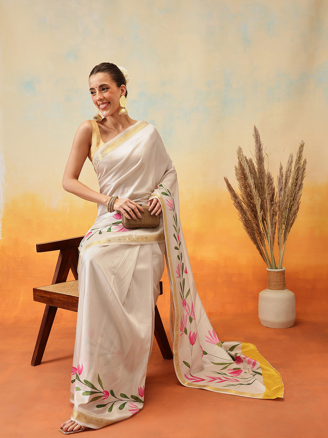 Onam Special Printed Silk Ready To Wear Kasavu White Saree