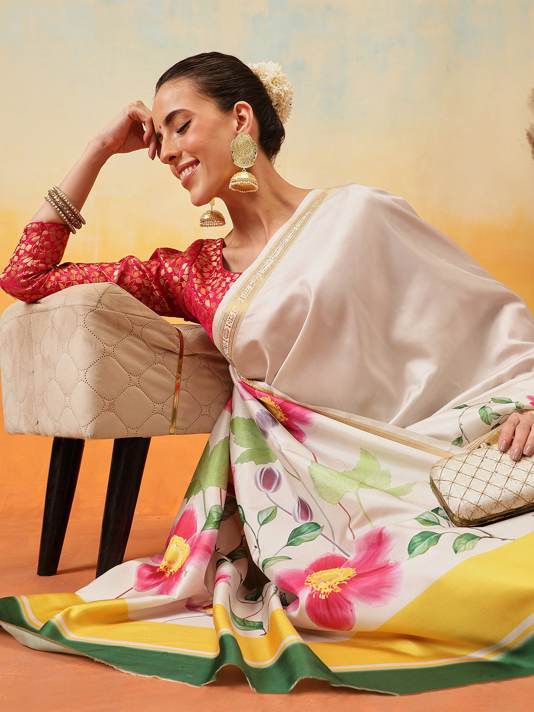 Onam Special Printed Silk Ready To Wear Kasavu White Saree