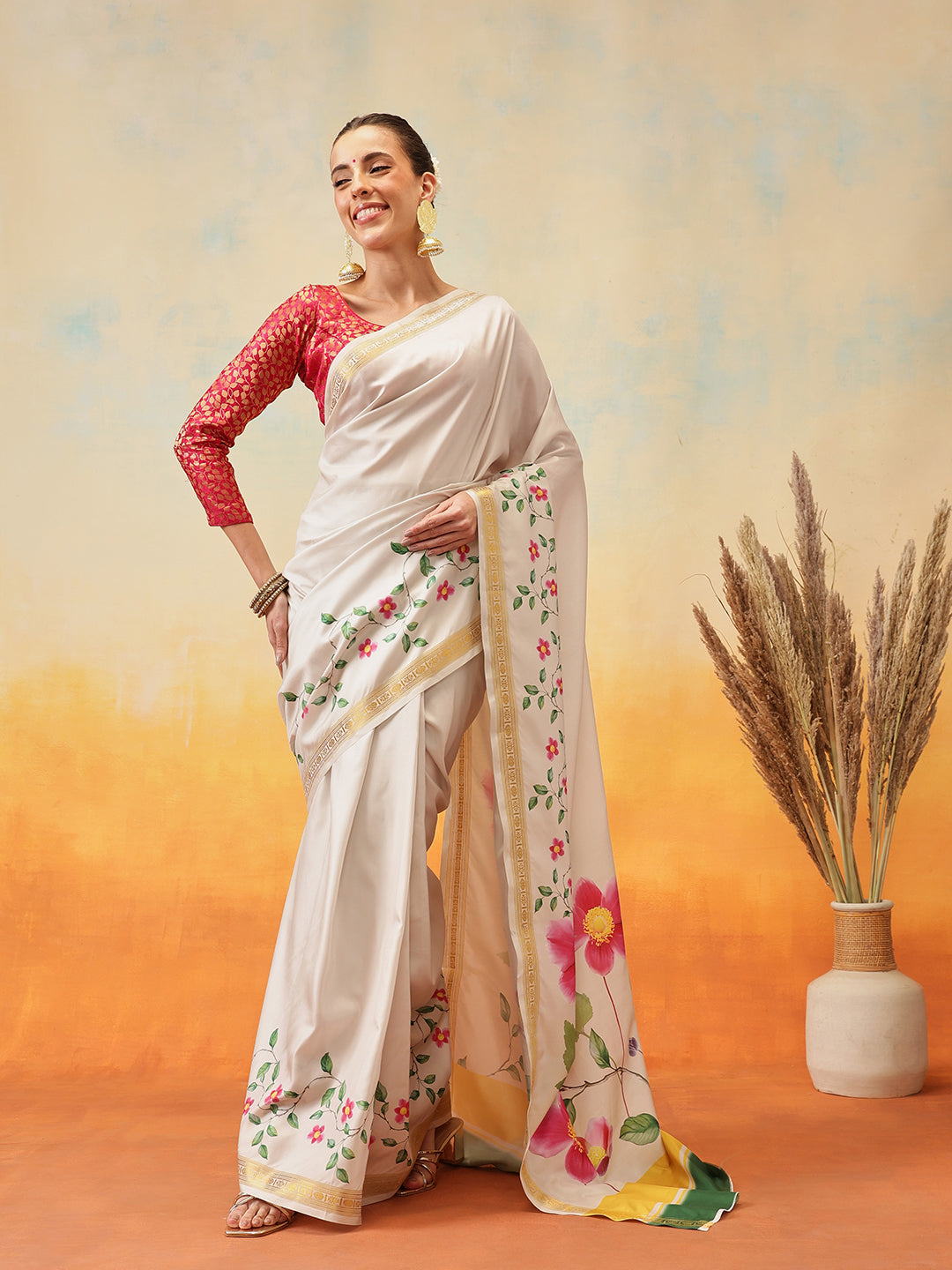 Onam Special Printed Silk Ready To Wear Kasavu White Saree