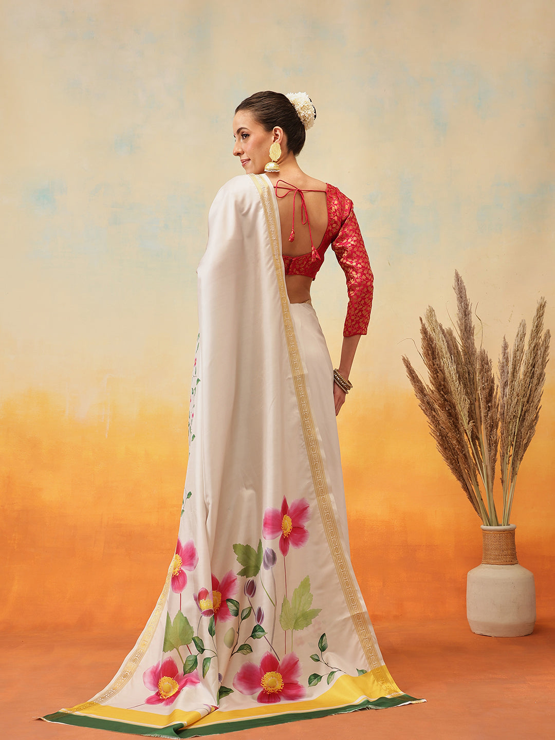 Onam Special Printed Silk Ready To Wear Kasavu White Saree