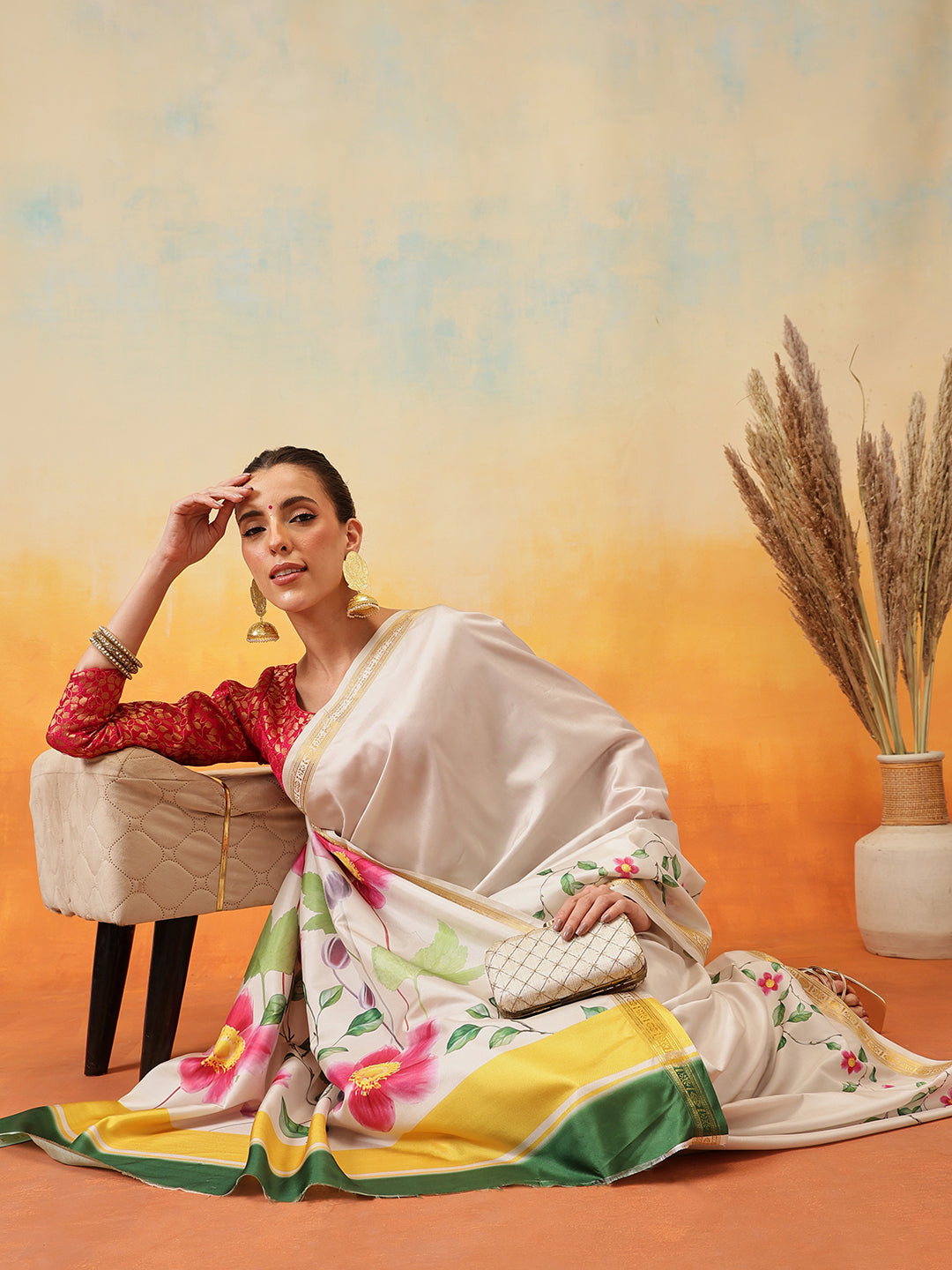 Onam Special Printed Silk Ready To Wear Kasavu White Saree