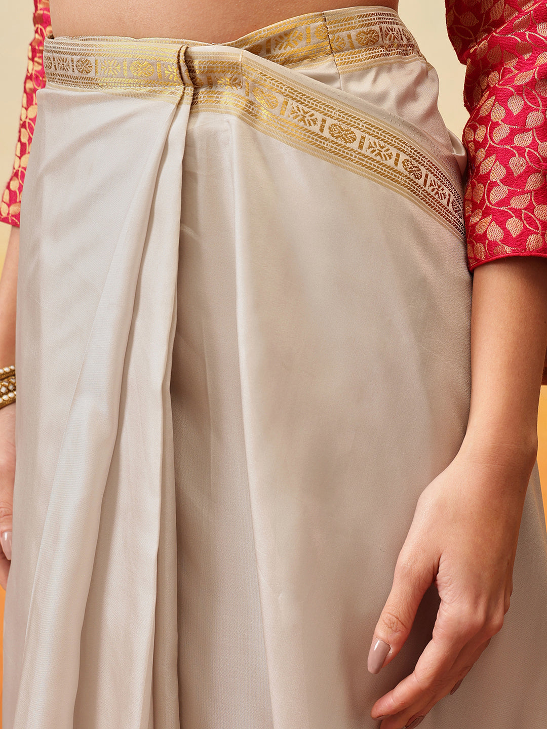 Onam Special Printed Silk Ready To Wear Kasavu White Saree