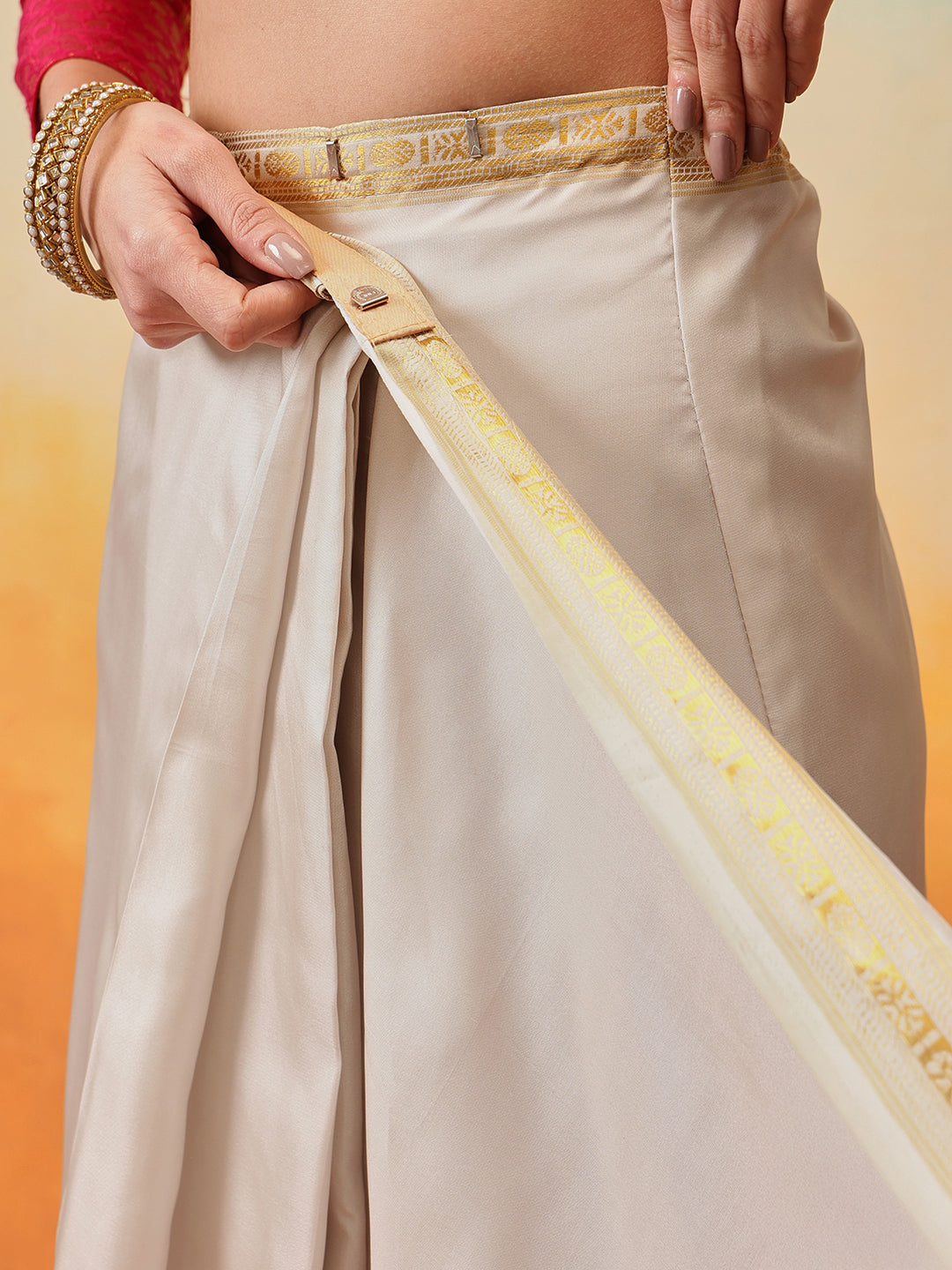 Onam Special Printed Silk Ready To Wear Kasavu White Saree