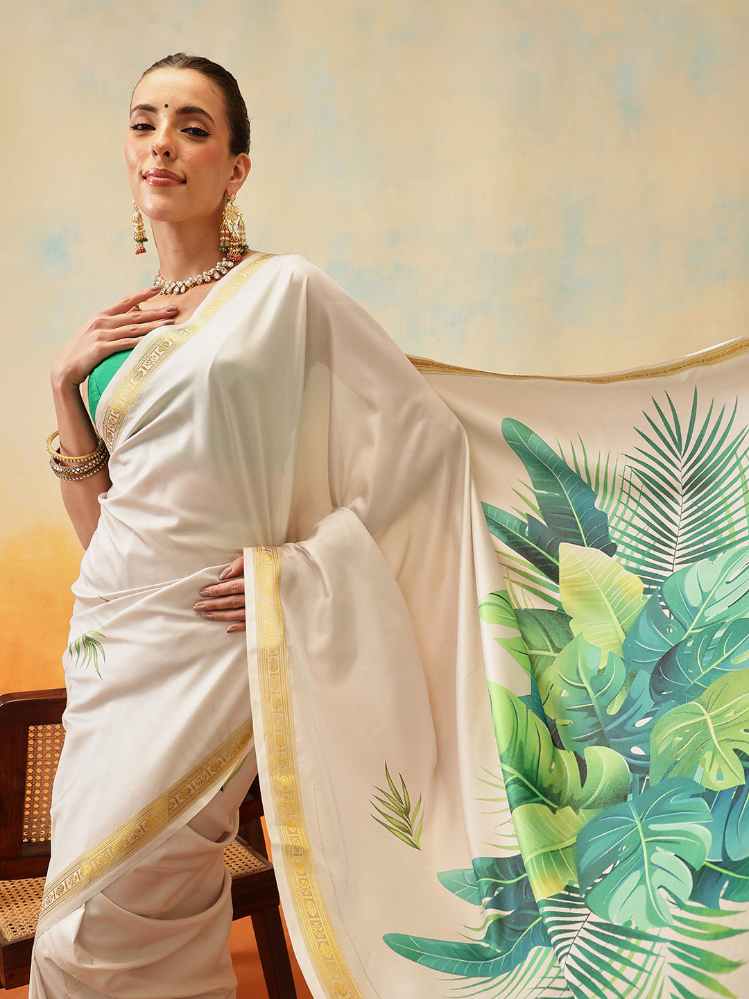Onam Special Printed Silk Ready To Wear Kasavu White Saree