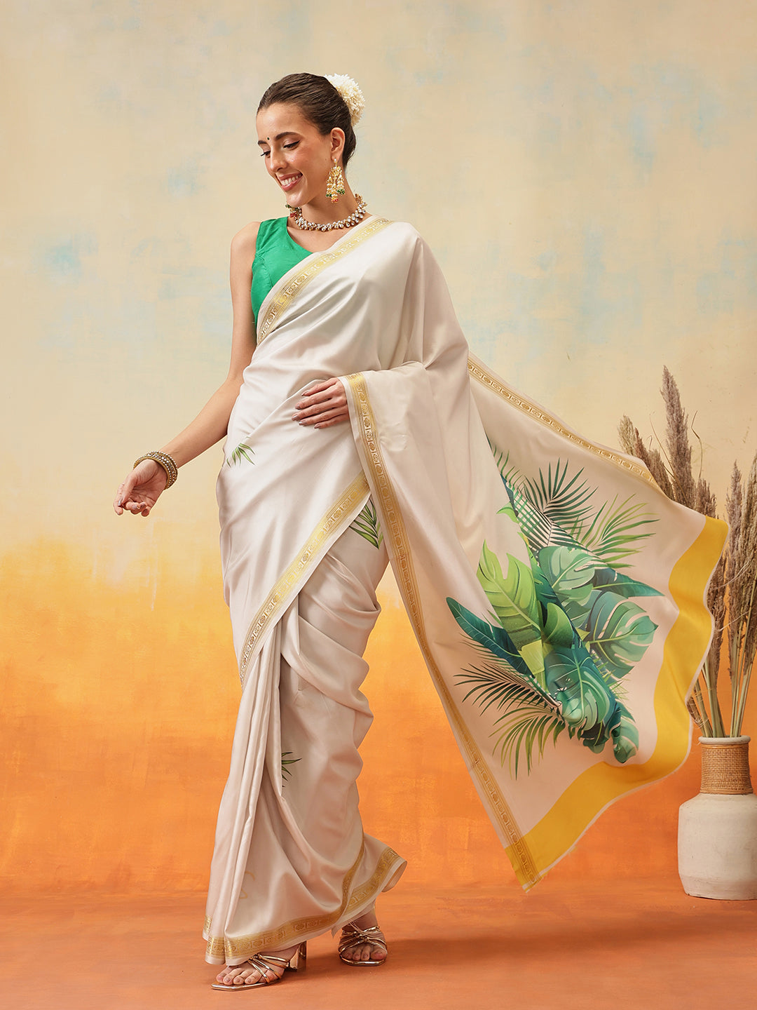Onam Special Printed Silk Ready To Wear Kasavu White Saree
