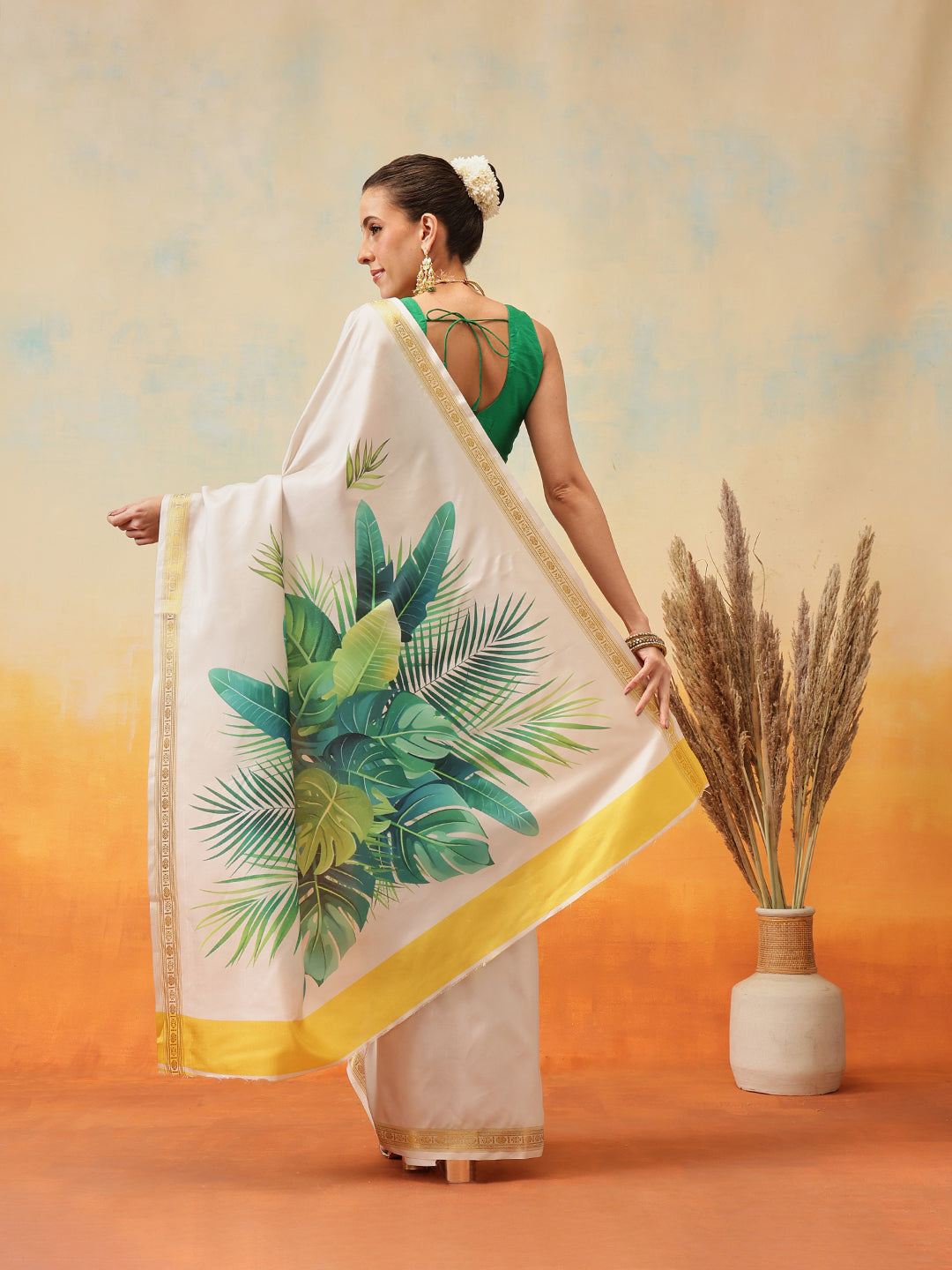 Onam Special Printed Silk Ready To Wear Kasavu White Saree