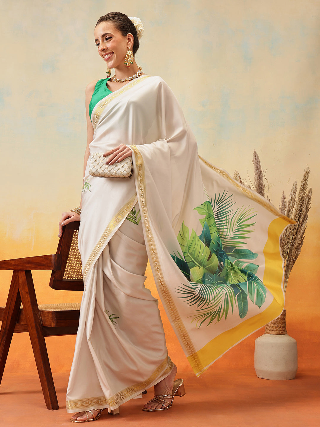 Onam Special Printed Silk Ready To Wear Kasavu White Saree