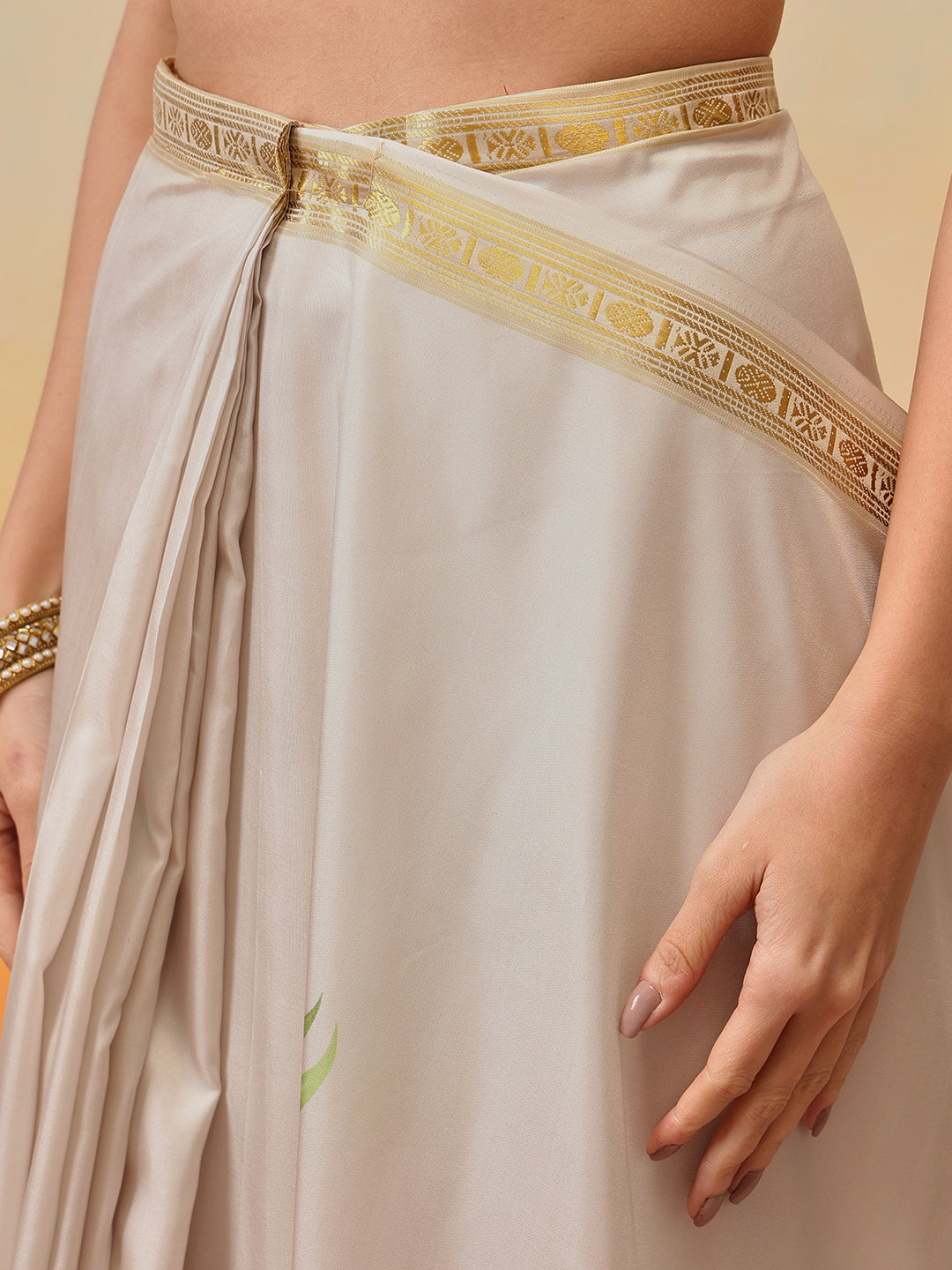 Onam Special Printed Silk Ready To Wear Kasavu White Saree