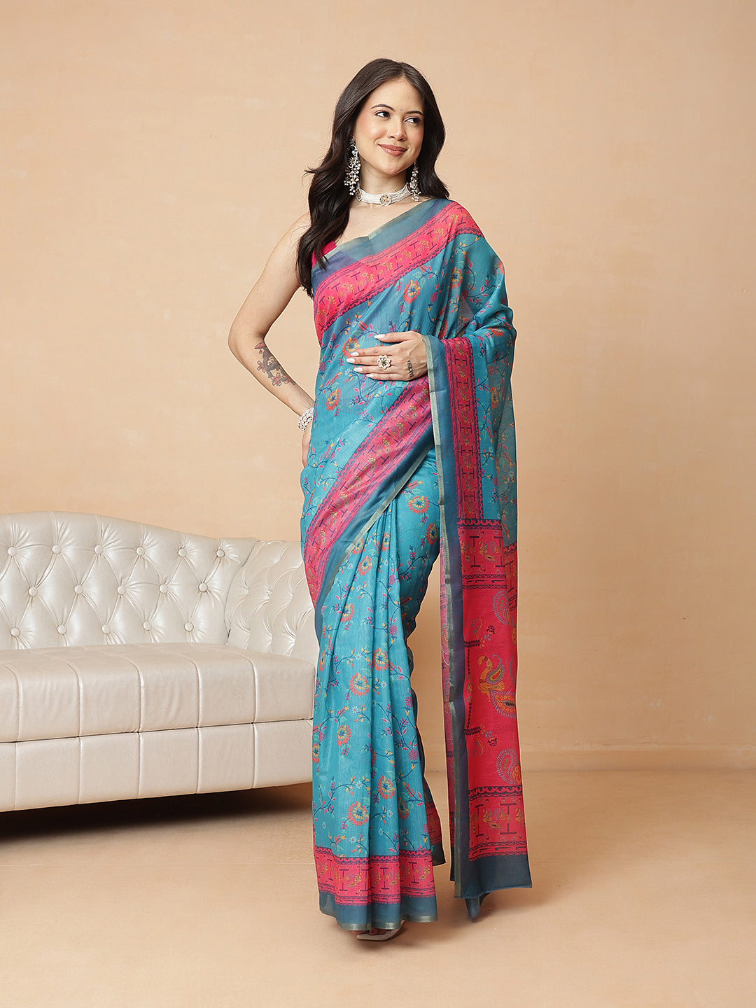 Digital Printed Paithani Design Chanderi Cotton Ready to Wear Saree