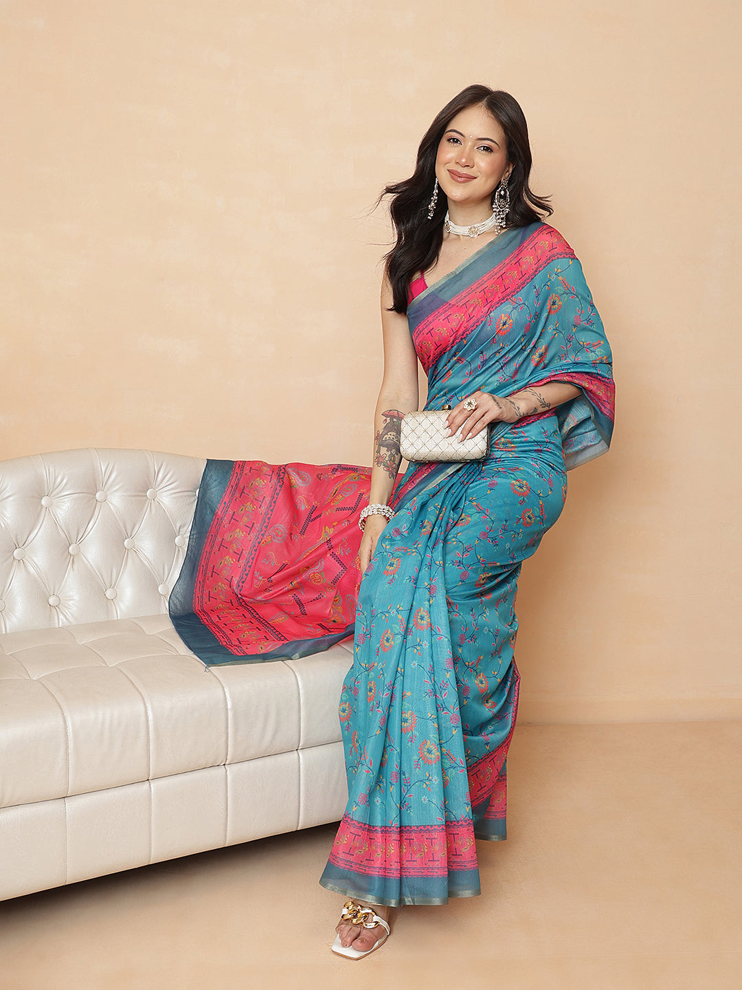 Digital Printed Paithani Design Chanderi Cotton Ready to Wear Saree
