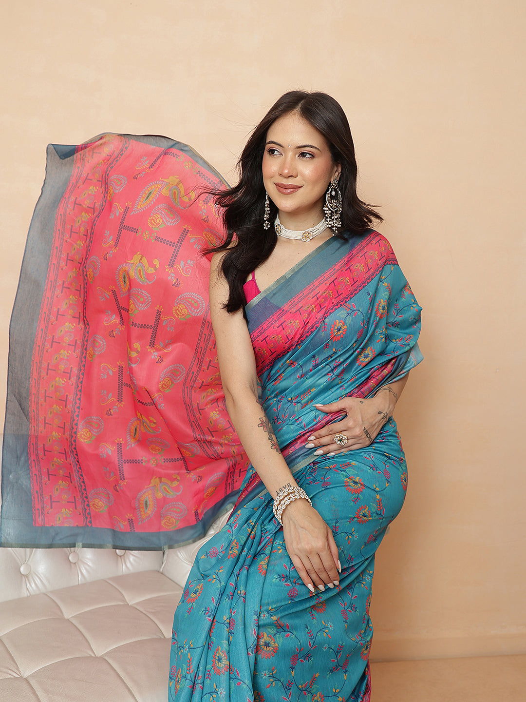 Digital Printed Paithani Design Chanderi Cotton Ready to Wear Saree