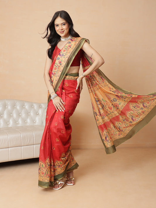 Digital Printed Paithani Design Chanderi Cotton Ready to Wear Saree