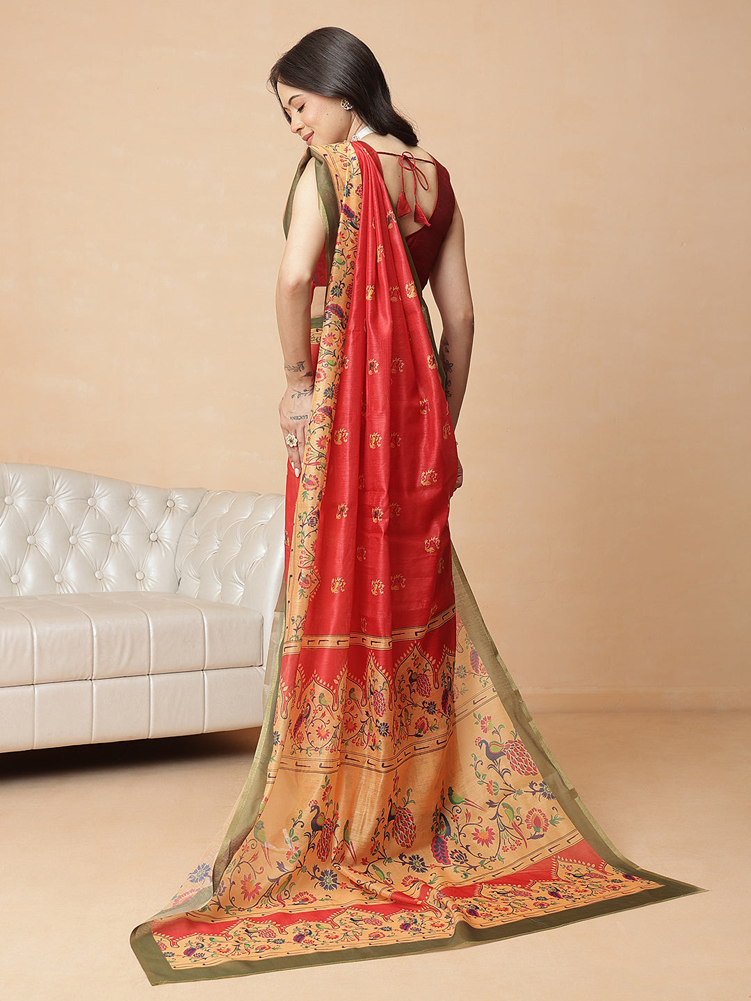 Digital Printed Paithani Design Chanderi Cotton Ready to Wear Saree