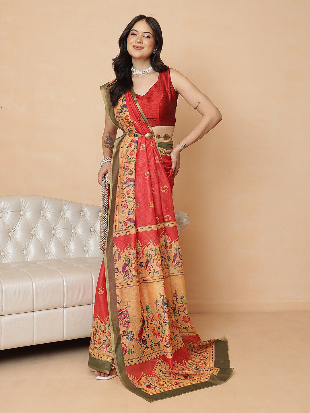 Digital Printed Paithani Design Chanderi Cotton Ready to Wear Saree